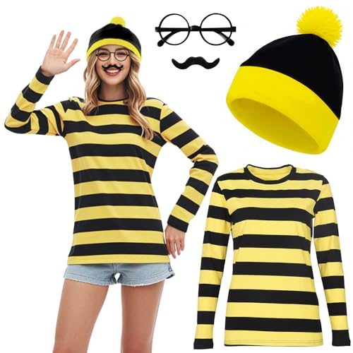 4-teiliges gelbes und schwarzes gestreiftes Kostüm-Set, klassisches Kostüm, Outfit mit T-Shirt, Beanie-Mütze, Brille, Schnurrbart für Damen und Herren, Cosplay, Halloween, Weihnachten, Weltbuchtag 4-teiliges gelbes und schwarzes gestreiftes Kostüm-Set, klassisches Kostüm, Outfit mit T-Shirt, Beanie-Mütze, Brille, Schnurrbart für Damen und Herren, Cosplay, Halloween, Weihnachten, Weltbuchtag von Glirop