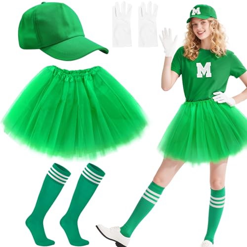5-teiliges Damen-Kostüm-Set, Süßigkeiten-Kostüm, Outfit mit Baseballkappe, Tutu, Rock, Handschuhen, gestreiften Socken und M-Aufnäher, für Damen, Mädchen, Halloween, Cosplay, Verkleidungsparty (grün) 5-teiliges Damen-Kostüm-Set, Süßigkeiten-Kostüm, Outfit mit Baseballkappe, Tutu, Rock, Handschuhen, gestreiften Socken und M-Aufnäher, für Damen, Mädchen, Halloween, Cosplay, Verkleidungsparty (grün) von Glirop