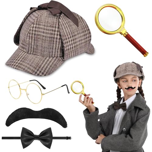 5-teiliges Detektiv-Kostüm-Zubehör-Set – Sherlock Holmes Victorian Outfit für Kinder & Erwachsene, Inklusive Detektivhut, Lupe, Brille, Krawatte & Bart für Halloween, Cosplay, Partys 5-teiliges Detektiv-Kostüm-Zubehör-Set – Sherlock Holmes Victorian Outfit für Kinder & Erwachsene, Inklusive Detektivhut, Lupe, Brille, Krawatte & Bart für Halloween, Cosplay, Partys von Glirop