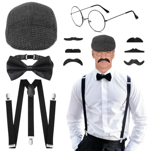 5-teiliges Gatsby-Kostüm-Zubehör-Set für Herren im Stil der 1920er-Jahre, mit Baskenmütze, Brille, Fliege, falscher Bart und Hosenträgern, Gangster-Kostüm-Set für Gatsby, Cosplay, Party 5-teiliges Gatsby-Kostüm-Zubehör-Set für Herren im Stil der 1920er-Jahre, mit Baskenmütze, Brille, Fliege, falscher Bart und Hosenträgern, Gangster-Kostüm-Set für Gatsby, Cosplay, Party von Glirop