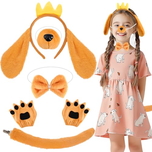 5-teiliges Kinder-Welpen-Kostüm-Set, ausgefallenes Tier-Cosplay-Zubehör mit Hundeohren, Stirnband, Schwanz, Fliege, gefälschte Nase, Pfoten-Handschuhe für Jungen, Mädchen, Cosplay, Geburtstag 5-teiliges Kinder-Welpen-Kostüm-Set, ausgefallenes Tier-Cosplay-Zubehör mit Hundeohren, Stirnband, Schwanz, Fliege, gefälschte Nase, Pfoten-Handschuhe für Jungen, Mädchen, Cosplay, Geburtstag von Glirop