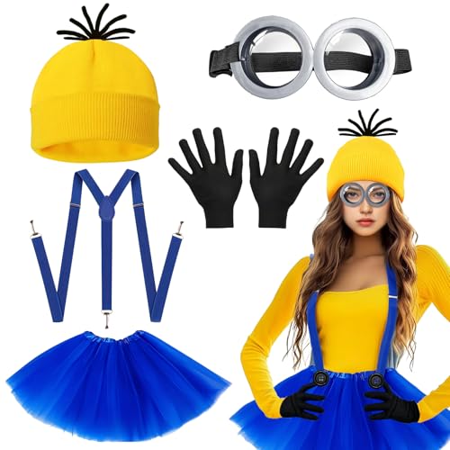 5-teiliges gelbes Kostümzubehör für Erwachsene, Kostüm-Set mit Brille, schwarze Handschuhe, Beanie, Strickmütze, Tutu, Rock, blaue Riemen, Partykostüme für Halloween, Cosplay, Partyzubehör 5-teiliges gelbes Kostümzubehör für Erwachsene, Kostüm-Set mit Brille, schwarze Handschuhe, Beanie, Strickmütze, Tutu, Rock, blaue Riemen, Partykostüme für Halloween, Cosplay, Partyzubehör von Glirop