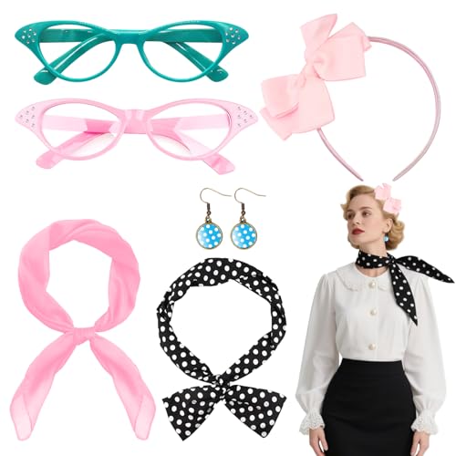 6-teiliges 1950er-Jahre-Kostüm für Damen, 50er-Jahre-Kostüm-Set mit gepunkteten Ohrringen, Brillen, Krawatte, Stirnband, 1950er-Jahre-Retro-Party 6-teiliges 1950er-Jahre-Kostüm für Damen, 50er-Jahre-Kostüm-Set mit gepunkteten Ohrringen, Brillen, Krawatte, Stirnband, 1950er-Jahre-Retro-Party von Glirop