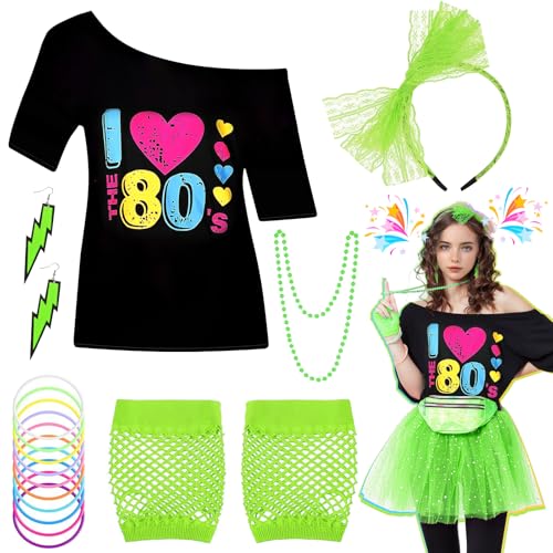 6-teiliges 80er-Jahre-Kostüm-Zubehör-Set für Damen, 1980er-Jahre-Kostüm, mit T-Shirt, Stirnband, Blitz-Ohrringen, Halskette, Armband, Netzärmel, 80er-Jahre Outfit für Retro-Motto-Party, Cosplay, 6-teiliges 80er-Jahre-Kostüm-Zubehör-Set für Damen, 1980er-Jahre-Kostüm, mit T-Shirt, Stirnband, Blitz-Ohrringen, Halskette, Armband, Netzärmel, 80er-Jahre Outfit für Retro-Motto-Party, Cosplay, von Glirop