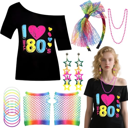 6-teiliges 80er-Jahre-Kostüm-Zubehör-Set für Damen, 1980er-Jahre-Kostüm, mit T-Shirt, Stirnband, Blitz-Ohrringen, Halskette, Armband, Netzärmel, 80er-Jahre Outfit für Retro-Motto-Party, Cosplay 6-teiliges 80er-Jahre-Kostüm-Zubehör-Set für Damen, 1980er-Jahre-Kostüm, mit T-Shirt, Stirnband, Blitz-Ohrringen, Halskette, Armband, Netzärmel, 80er-Jahre Outfit für Retro-Motto-Party, Cosplay von Glirop