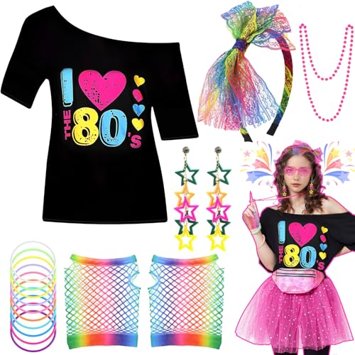 6-teiliges 80er-Jahre-Kostüm-Zubehör-Set für Damen, 1980er-Jahre-Kostüm, mit T-Shirt, Stirnband, Blitz-Ohrringen, Halskette, Armband, Netzärmel, 80er-Jahre Outfit für Retro-Mottoparty, Cosplay 6-teiliges 80er-Jahre-Kostüm-Zubehör-Set für Damen, 1980er-Jahre-Kostüm, mit T-Shirt, Stirnband, Blitz-Ohrringen, Halskette, Armband, Netzärmel, 80er-Jahre Outfit für Retro-Mottoparty, Cosplay von Glirop