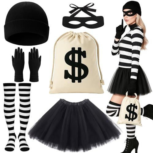 6-teiliges Räuber-Kostüm-Set für Mädchen, Einbrecher-Kostüm mit Tutu-Rock, Dieb, Beanie, Handschuhen, Augenmaske, Leinen, Geldbeutel, gestreifte Socken für Erwachsene, Halloween, Cosplay, Weltbuchtag von Glirop