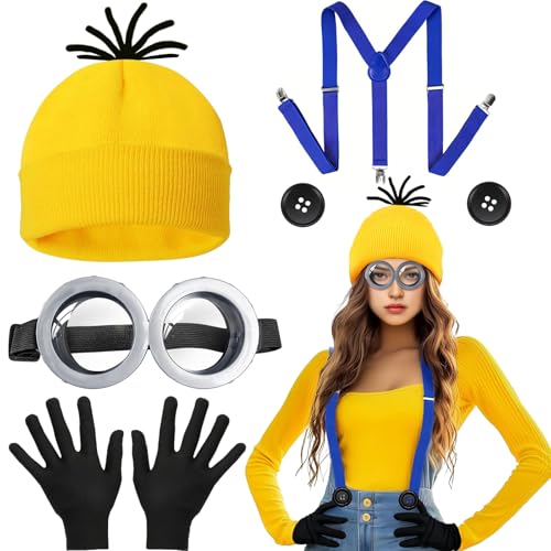 6-teiliges gelbes Kostümzubehör für Erwachsene, Kostüm-Set mit Minion-Brille, gelbe Beanie, Strickmütze, schwarze Handschuhe, Knöpfe, blaue Riemen, Partykostüme für Halloween, Cosplay, Partyzubehör 6-teiliges gelbes Kostümzubehör für Erwachsene, Kostüm-Set mit Minion-Brille, gelbe Beanie, Strickmütze, schwarze Handschuhe, Knöpfe, blaue Riemen, Partykostüme für Halloween, Cosplay, Partyzubehör von Glirop