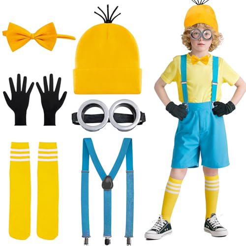 6-teiliges gelbes Kostümzubehör für Kinder, Kostüm-Set mit Brille, gelbe Beanie, Strickmütze, schwarze Handschuhe, Strümpfe, Fliege, Schultergurt, Party-Kostüme für Halloween, Cosplay, Welttag des 6-teiliges gelbes Kostümzubehör für Kinder, Kostüm-Set mit Brille, gelbe Beanie, Strickmütze, schwarze Handschuhe, Strümpfe, Fliege, Schultergurt, Party-Kostüme für Halloween, Cosplay, Welttag des von Glirop