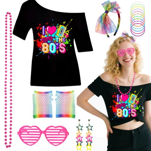 7-teiliges 80er-Jahre-Kostüm-Zubehör-Set für Damen, 1980er-Jahre-Kostüm, mit T-Shirt, Fischnetz-Handschuhen, Stirnband, Blitz-Ohrringen, Armband, Herz, Brille, Retro-Outfit für Damen, Mädchen 7-teiliges 80er-Jahre-Kostüm-Zubehör-Set für Damen, 1980er-Jahre-Kostüm, mit T-Shirt, Fischnetz-Handschuhen, Stirnband, Blitz-Ohrringen, Armband, Herz, Brille, Retro-Outfit für Damen, Mädchen von Glirop