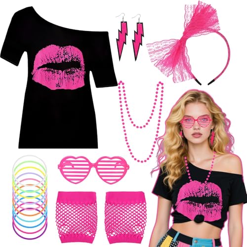 7-teiliges 80er-Jahre-Kostüm-Zubehör-Set für Damen, 1980er-Jahre-Retro-Outfit mit T-Shirt, Stirnband, Blitz-Ohrringen, Halskette, Armband, Netzärmel, Brille, Verkleidung für 80er-Jahre-Motto-Party, von Glirop