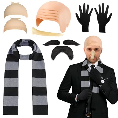 7-teiliges Herren-Kostüm-Zubehör mit kahler Kappe, gestreifter Schal, Haarnetz, Handschuhe, Schnurrbart, Augenbrauen, für Erwachsene, Cosplay, Halloween, Welttag des Buches, 7 Stück 7-teiliges Herren-Kostüm-Zubehör mit kahler Kappe, gestreifter Schal, Haarnetz, Handschuhe, Schnurrbart, Augenbrauen, für Erwachsene, Cosplay, Halloween, Welttag des Buches, 7 Stück von Glirop