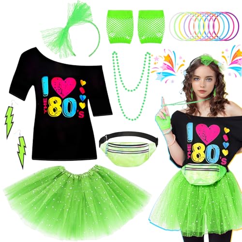 80er Jahre Kostüm Accessoires Set für Damen (Grün, S) von Glirop