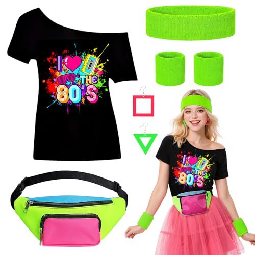80er-Jahre-Kostüm-Accessoires für Damen, mit T-Shirt, Tasche, Ohrringen, Stirnband, Armbänder, 1980er-Jahre-Kostüm-Outfits für Junggesellinnenabschied im Retro-Stil, Grün, Größe L, 5 Stück 80er-Jahre-Kostüm-Accessoires für Damen, mit T-Shirt, Tasche, Ohrringen, Stirnband, Armbänder, 1980er-Jahre-Kostüm-Outfits für Junggesellinnenabschied im Retro-Stil, Grün, Größe L, 5 Stück von Glirop