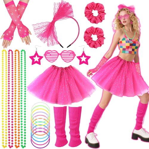 80er Jahre Kostüm Set für Mädchen, 80er Jahre Neon Retro Outfit Set mit Tutu Rock Handschuhe Beinstulpen Stirnband Ohrringe Armbänder Halsketten Brille Scrunchies für Frauen 80er Jahre Thema Cosplay von Glirop