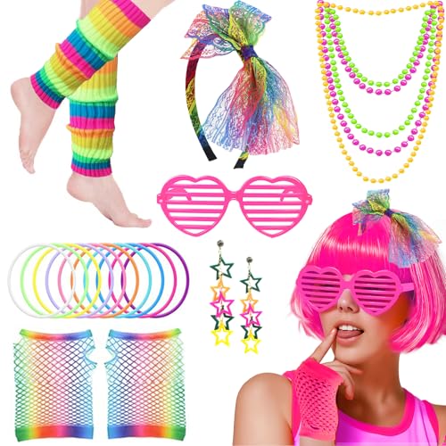 80er Jahre Kostüm Zubehör Set, 1980er Jahre Retro Kostüm Kit mit Schleife Stirnband Beinstulpen Fischnetz Handschuhe Ohrringe Halskette für Frauen Mädchen 80er 90er Jahre Themenparty 80er Jahre Kostüm Zubehör Set, 1980er Jahre Retro Kostüm Kit mit Schleife Stirnband Beinstulpen Fischnetz Handschuhe Ohrringe Halskette für Frauen Mädchen 80er 90er Jahre Themenparty von Glirop
