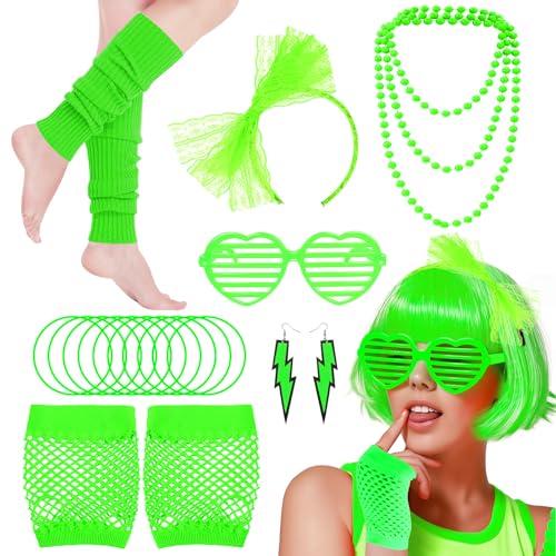 80er Jahre Kostüm Zubehör Set, 1980er Jahre Retro Kostüm Kit mit Schleife Stirnband Beinstulpen Fischnetz Handschuhe Ohrringe Halskette für Frauen Mädchen 80er Jahre Mottoparty Junggesellinnenabschied von Glirop
