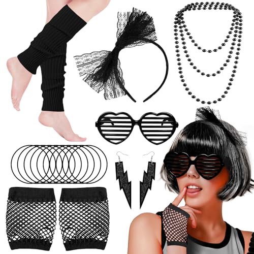 80er Jahre Kostüm Zubehör Set, 1980er Jahre Retro Kostüm Kit mit Schleife Stirnband Beinstulpen Fischnetz Handschuhe Ohrringe Halskette für Frauen Mädchen 80er Jahre Mottoparty Junggesellinnenabschied von Glirop