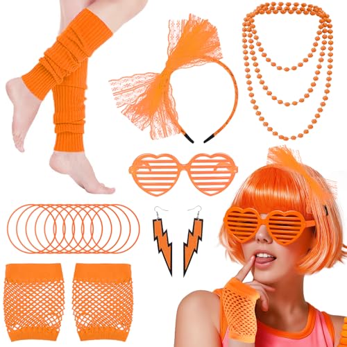 80er Jahre Kostüm Zubehör Set, 1980er Jahre Retro Kostüm Kit mit Schleife Stirnband Beinstulpen Fischnetz Handschuhe Ohrringe Halskette für Frauen Mädchen 80er Jahre Mottoparty Junggesellinnenabschied von Glirop
