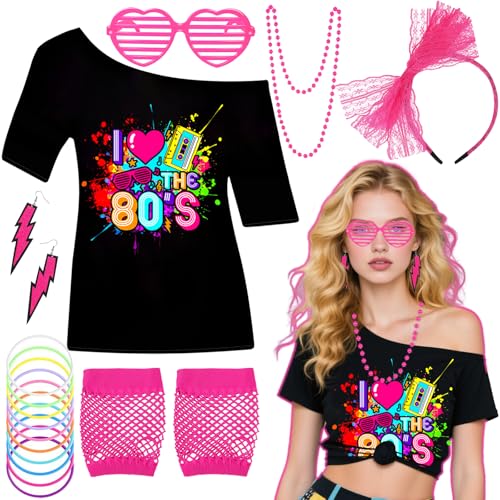 80er Jahre Kostüm Zubehör Set Damen 80er Jahre Accessoires 1980er Jahre Verkleidung mit Grafikdruck T-Shirt Rosa Tutu Rock Fischnetz Handschuhe Herz Brille für Frau Mädchen Retro Mottopartys von Glirop