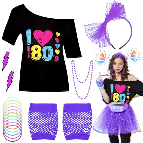 80er-Jahre-Kostüm-Zubehör-Set für Damen, 1980er-Jahre-Kostüm, mit T-Shirt, Stirnband, Blitz-Ohrringen, Halskette, Armband, Netzärmel, 80er-Jahre Outfit für Retro-Mottoparty, Cosplay, Verkleiden (lila, 80er-Jahre-Kostüm-Zubehör-Set für Damen, 1980er-Jahre-Kostüm, mit T-Shirt, Stirnband, Blitz-Ohrringen, Halskette, Armband, Netzärmel, 80er-Jahre Outfit für Retro-Mottoparty, Cosplay, Verkleiden (lila, von Glirop