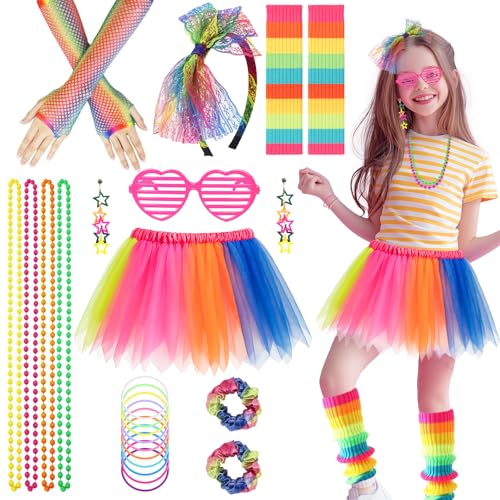 80er Jahre Kostüm Zubehör Set für Mädchen, 1980er Jahre Verkleidung Neon Party Outfit mit Tutu Rock Fischnetz Handschuhe Beinstulpen Ohrringe Armbänder Halsketten Brille für 80er 90er Disco Party von Glirop