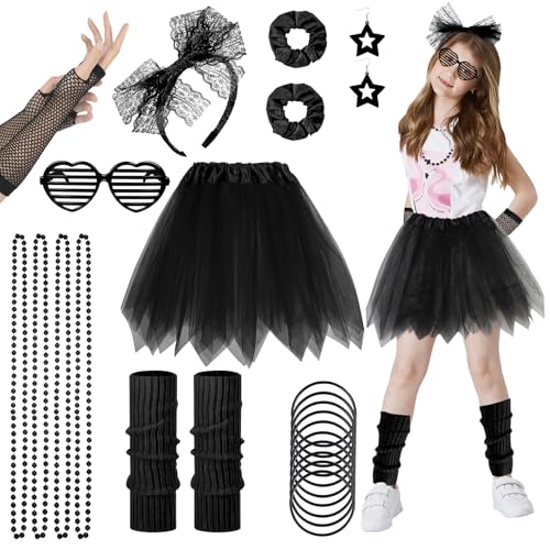 80er Jahre Kostüm Zubehör Set für Mädchen, 1980er Jahre Verkleidung Neon Party Outfit mit Tutu Rock Fischnetz Handschuhe Beinstulpen Ohrringe Armbänder Halsketten Brille für 80er 90er Disco Party von Glirop