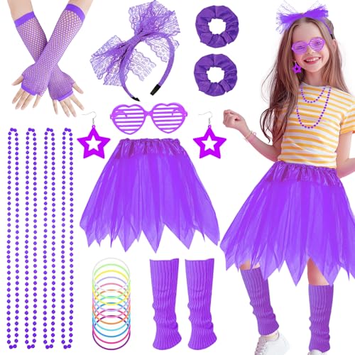 80er Jahre Kostüm Zubehör Set für Mädchen, 1980er Jahre Verkleidung Neon Party Outfit mit Tutu Rock Fischnetz Handschuhe Beinstulpen Ohrringe Armbänder Halsketten Brille für 80er 90er Disco Party von Glirop