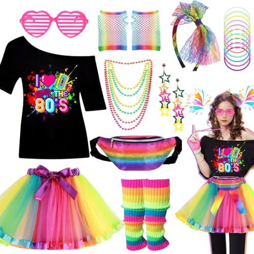 80er Jahre Kostüm Zubehör für Damen, einschließlich T-Shirt Tutu Rock Bauchtasche Beinstulpen Handschuhe Brille Stirnband Ohrringe Halskette Armbänder 1980er Jahre Kostüm Outfits für Damen Mädchen von Glirop