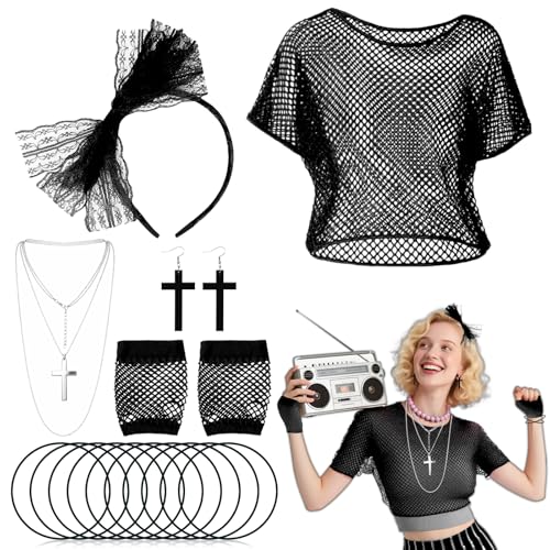 80er Jahre Neon Kostüm Zubehör für Damen, 1980er Jahre Kostüme Verkleidung Set mit Fischnetz Top Spitze Stirnband Kreuz Halskette Ohrringe Mesh Handschuhe Armband für 80er 90er Jahre Thema von Glirop