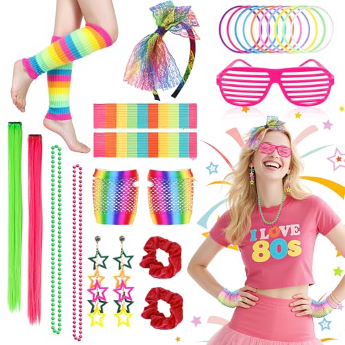 80er Jahre Retro Neon Party Kostüm Set Regenbogen Zubehör Kit mit Stirnband, Handschuhen, Beinstulpen, Halskette, Ohrringen, Armbändern - Perfekt für Themenpartys, Festival (Regenbogen) von Glirop