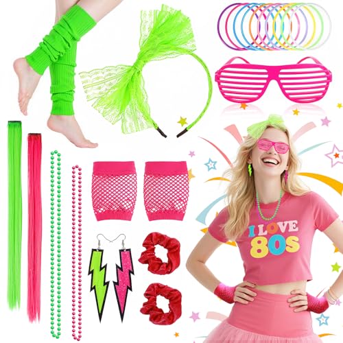 80er Jahre Retro Neon Party Kostüm Set - Rose Rot + Grün Zubehör Kit mit Stirnband, Handschuhen, Beinstulpen, Halskette, Ohrringen, Armbändern - Perfekt für Mottopartys, Festival (Rosenrot + Grün) von Glirop