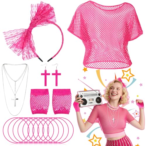 80er Jahre Retro Party Kostüm Zubehör Set - 7 Stück Schwarz Mesh Kostüm Kit mit Spitze Stirnband, Kreuz Halskette, Fischnetz Handschuhe, Armbänder für Themenpartys, Aufführungen, Cosplay (Rose Red) 80er Jahre Retro Party Kostüm Zubehör Set - 7 Stück Schwarz Mesh Kostüm Kit mit Spitze Stirnband, Kreuz Halskette, Fischnetz Handschuhe, Armbänder für Themenpartys, Aufführungen, Cosplay (Rose Red) von Glirop