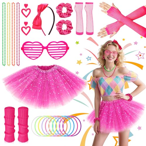 9-teiliges 80er-Jahre-Kostüm-Zubehör-Set für Mädchen, 1980er-Jahre-Kostüm-Outfit mit rosa Tutu-Rock, Neon-Beinstulpen, Fischnetz-Handschuhe für Damen, Retro-Motto-Party, Festivals 9-teiliges 80er-Jahre-Kostüm-Zubehör-Set für Mädchen, 1980er-Jahre-Kostüm-Outfit mit rosa Tutu-Rock, Neon-Beinstulpen, Fischnetz-Handschuhe für Damen, Retro-Motto-Party, Festivals von Glirop