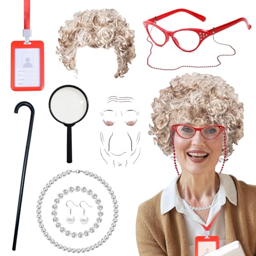 9-teiliges Kostüm für alte Dame, Oma Kostüm-Set mit Perücke, Brille, Ausweis, Falten-Tattoos, Perlenschmuck, Stocklupe, Verkleidung für Karneval, Halloween, Weltbücher, Cosplay, Party 9-teiliges Kostüm für alte Dame, Oma Kostüm-Set mit Perücke, Brille, Ausweis, Falten-Tattoos, Perlenschmuck, Stocklupe, Verkleidung für Karneval, Halloween, Weltbücher, Cosplay, Party von Glirop