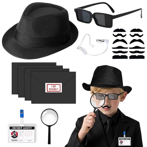 Agentenkostüm-Zubehör-Set, Herren, schwarz, Kostüm-Set mit Hut, Sonnenbrille, Lupe, Ausweis, Schnurrbart, Ohrstück, Umschlag-Aufkleber für Erwachsene, Halloween, Cosplay, Party, 25-teilig von Glirop