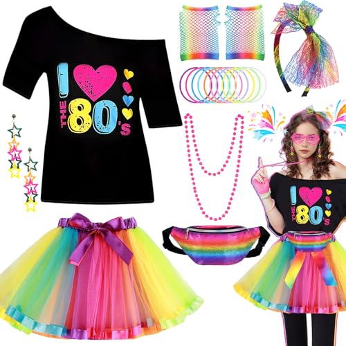 Damen 80er Jahre Kostüm Outfits Zubehör Set mit T-Shirt Tutu Rock Tasche Handschuhe Stirnband Ohrringe Halskette Armbänder für Frauen Mädchen Retro Thema Junggesellinnenabschied (Regenbogen, 2XL) Damen 80er Jahre Kostüm Outfits Zubehör Set mit T-Shirt Tutu Rock Tasche Handschuhe Stirnband Ohrringe Halskette Armbänder für Frauen Mädchen Retro Thema Junggesellinnenabschied (Regenbogen, 2XL) von Glirop