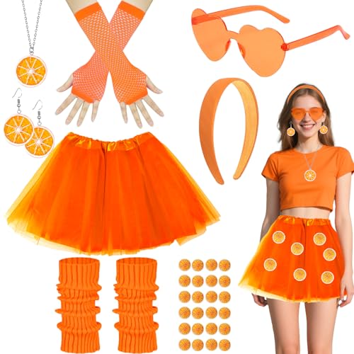 Damen Oranger Tüllrock Kostümzubehör Set, Tutu Rock 80er Jahre Outfit mit Haarreif, Früchte Ohrringen, Herzbrille und 2 Aufklebern für Karnevalskostüm Halloween Partys und Festivals von Glirop