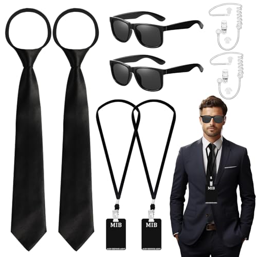 Glirop 12 Stück Agent Kostüm Zubehör, Geheimdienst Spion Kostüm Set, Men in Black Kostüm mit Sonnenbrille, Krawatte, Ohrhörer, Ausweis Kartenhalter für Kinder Jugendliche Erwachsene Halloween Cosplay von Glirop