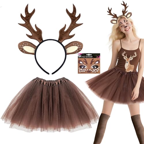 Glirop 3-teiliges Rentier-Kostüm-Set für Damen, Hirsch-Kostüm, Zubehör, Tier-Cosplay-Outfit mit Geweih, Stirnband, Gesichtstattowierung, Tutu, Rock für Erwachsene, Kinder, Halloween, Weihnachten Glirop 3-teiliges Rentier-Kostüm-Set für Damen, Hirsch-Kostüm, Zubehör, Tier-Cosplay-Outfit mit Geweih, Stirnband, Gesichtstattowierung, Tutu, Rock für Erwachsene, Kinder, Halloween, Weihnachten von Glirop