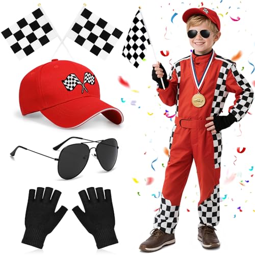 Glirop 5-teiliges Kinder-Rennfahrer-Kostüm-Set mit Kappe, Flagge für Jungen und Mädchen, Rennwagen, Themenparty-Zubehör Glirop 5-teiliges Kinder-Rennfahrer-Kostüm-Set mit Kappe, Flagge für Jungen und Mädchen, Rennwagen, Themenparty-Zubehör von Glirop