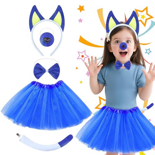Glirop 5-teiliges blaues Hunde-Kostüm-Set für Kinder, Tier-Kostüm-Set mit Stirnband, Ohren, Nase, Fliege, Schwanz, Tutu, Rock, Welpen, Cosplay, Outfit für Kinder, Jungen, Mädchen, Halloween, Karneval von Glirop