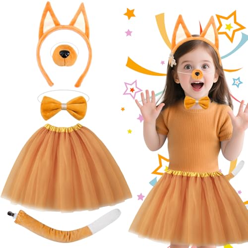 Glirop 5-teiliges orangefarbenes Hunde-Kostüm-Set für Kinder, Tier-Kostüm-Set mit Stirnband, Ohren, Nase, Fliege, Schwanz, Tutu, Rock, Welpen, Cosplay, Outfit für Kinder, Jungen, Mädchen, Halloween von Glirop