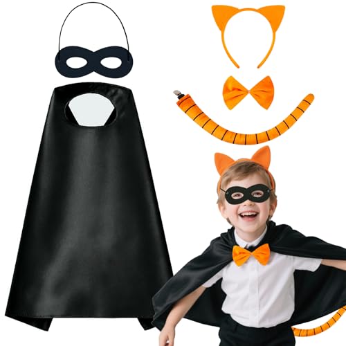 Glirop 5-teiliges orangefarbenes Katzenkostüm für Kinder, Tier-Cosplay-Kostüm, mit Ohren, Stirnband, Fliege, Schwanz, Umhang, Augenmaske für Jungen und Mädchen, Welttag des Buches, Halloween, Karneval Glirop 5-teiliges orangefarbenes Katzenkostüm für Kinder, Tier-Cosplay-Kostüm, mit Ohren, Stirnband, Fliege, Schwanz, Umhang, Augenmaske für Jungen und Mädchen, Welttag des Buches, Halloween, Karneval von Glirop