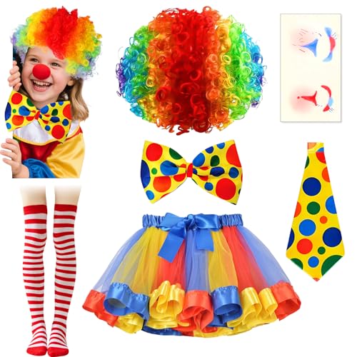 Glirop 6-teiliges Clown-Kostüm-Set für Kinder, Clown-Kostüm-Set mit Regenbogen-Tutu-Rock, Perücke, Socken, Fliege, Gesichtsaufkleber für Mädchen, Welttag des Buches, Halloween, Karneval, Mottoparty Glirop 6-teiliges Clown-Kostüm-Set für Kinder, Clown-Kostüm-Set mit Regenbogen-Tutu-Rock, Perücke, Socken, Fliege, Gesichtsaufkleber für Mädchen, Welttag des Buches, Halloween, Karneval, Mottoparty von Glirop