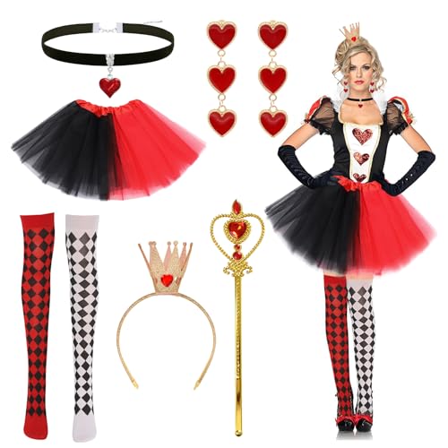 Glirop 6-teiliges Queen-Kostüm-Set für Damen, Queen-Zubehör-Set mit Krone, Stirnband, Ohrringen, rotem Herz, Choker, Zauberstab, Tutu, Rock, Strümpfe, rote Herzen, Outfit für den Welttag des Buches, Glirop 6-teiliges Queen-Kostüm-Set für Damen, Queen-Zubehör-Set mit Krone, Stirnband, Ohrringen, rotem Herz, Choker, Zauberstab, Tutu, Rock, Strümpfe, rote Herzen, Outfit für den Welttag des Buches, von Glirop