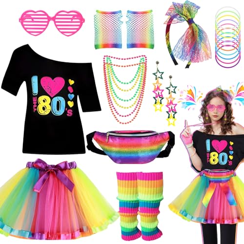 Glirop 80er Jahre Kostüm für Damen (I Love 80s Style A-Rainbow, XL) von Glirop