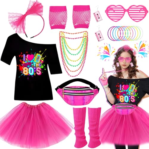 Glirop 80er Jahre Kostüm für Damen (I Love 80s Style B-Rose Red, 2XL) von Glirop