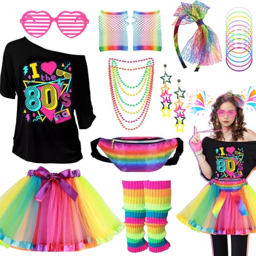Glirop 80er Jahre Kostüm für Damen (I Love 80s Style C-Regenbogen, M) von Glirop