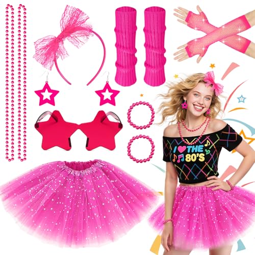 Glirop 80er Jahre Kostüm für Damen mit T-Shirt, Neon-Accessoires, Shades, Schleifen-Stirnband, Perlenketten, Armbänder, Blitz-Ohrringe für Themenpartys und Feiern Glirop 80er Jahre Kostüm für Damen mit T-Shirt, Neon-Accessoires, Shades, Schleifen-Stirnband, Perlenketten, Armbänder, Blitz-Ohrringe für Themenpartys und Feiern von Glirop